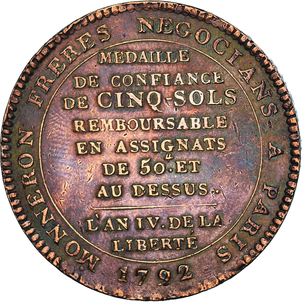 Coin, France, Monneron, 5 Sols, 1792, Birmingham, EF(40-45), Bronze, KM:Tn31