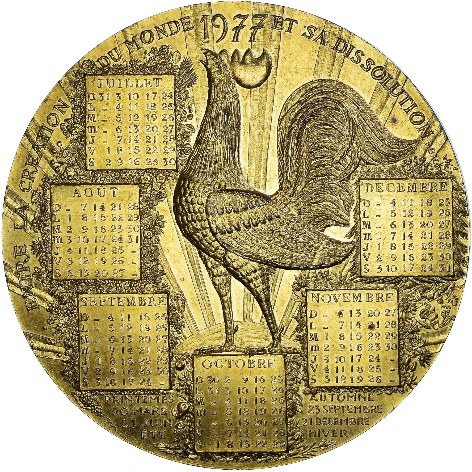 France, Medal, Calendrier, La Chouette et le Coq, Animalière, 1977, MS(63)