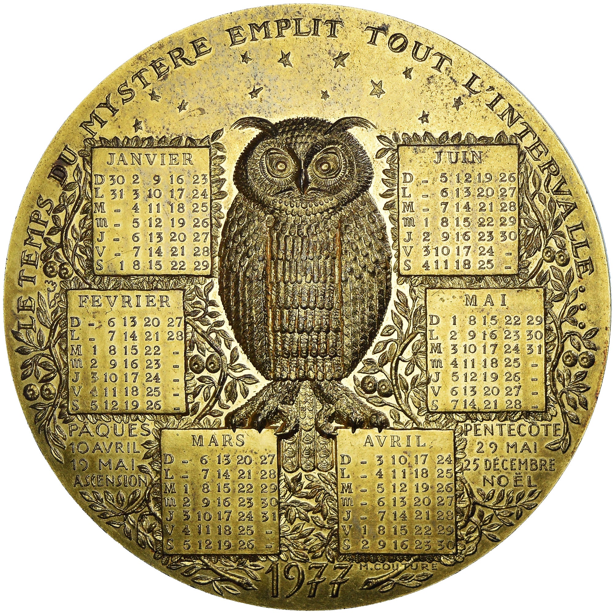 France, Medal, Calendrier, La Chouette et le Coq, Animalière, 1977, MS(63)