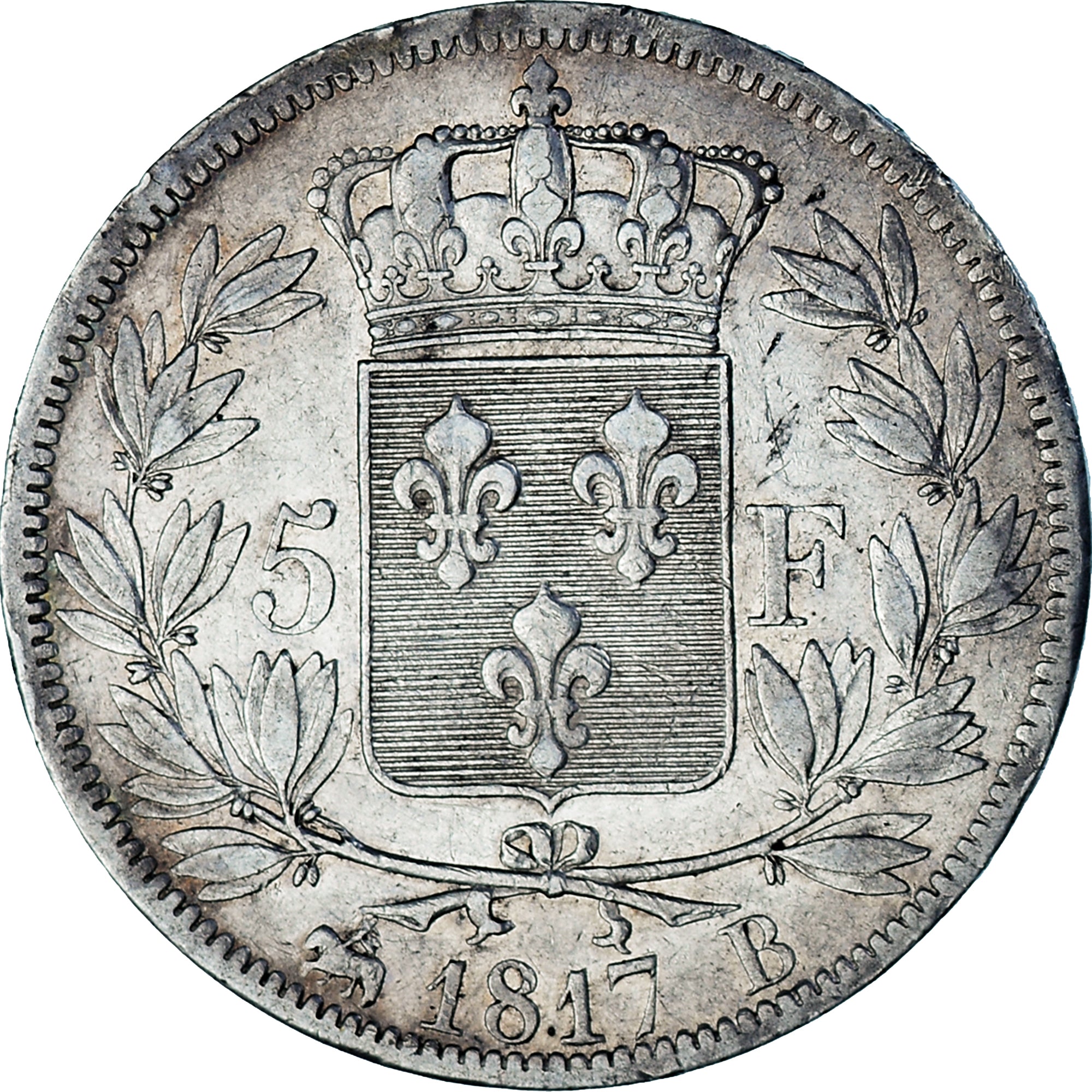 Moneda, Francia, Louis XVIII, Louis XVIII, 5 Francs, 1817, Rouen, MBC, Plata