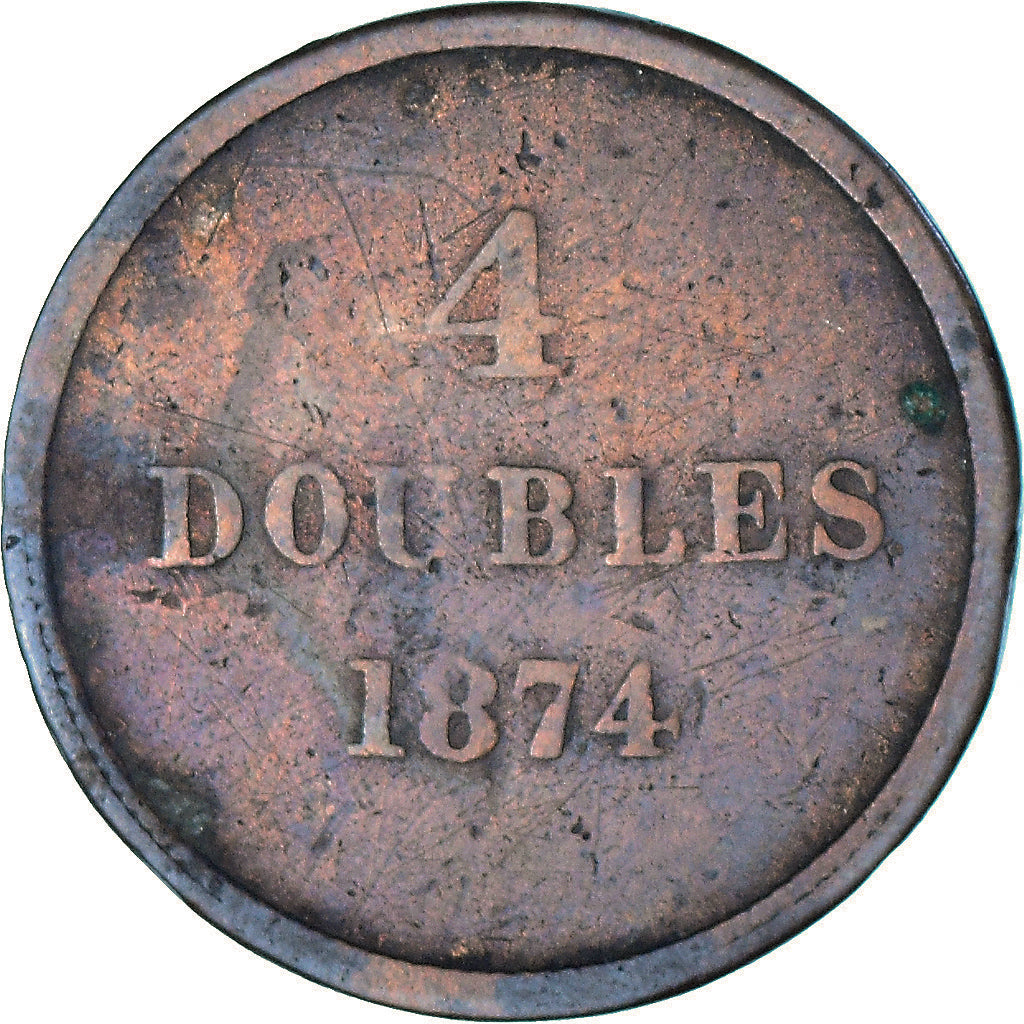 Moneta, Guernsey, 4 Doubles, 1874, Heaton, Birmingham, VF(20-25), Brązowy, KM:5