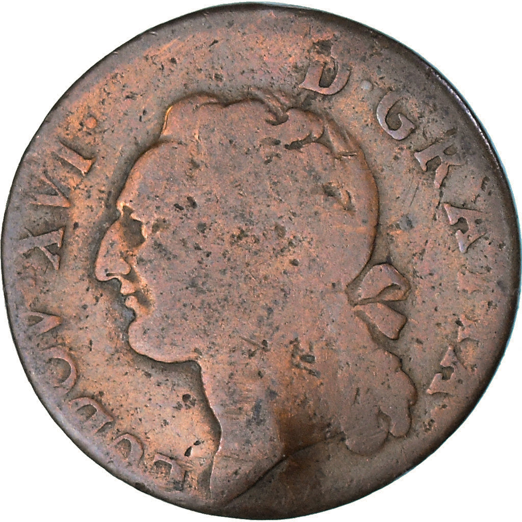 Moneda, Francia, Louis XVI, 1/2 Sol à l'Ecu, 1789, Nantes, BC, Cobre