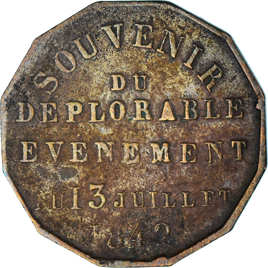 Francia, medalla, Assassinat du duc d'Orléans, History, 1842, BC+, Latón