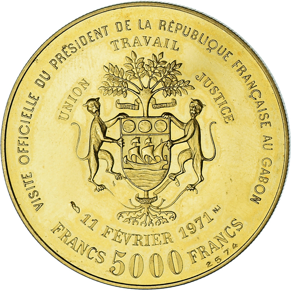 Coin, Gabon, Georges Pompidou, 5000 Francs, 1971, MS(63), Gold, KM:11