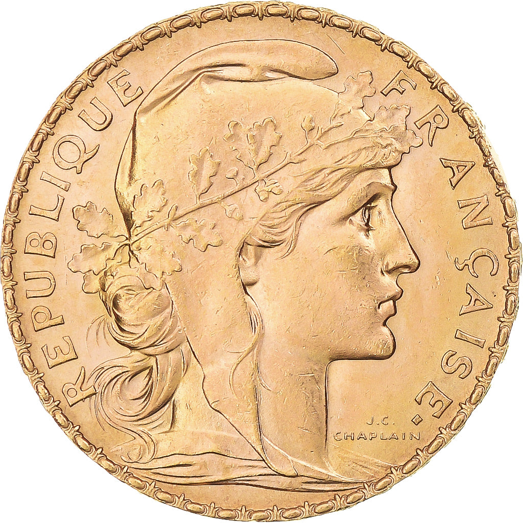 Moneta, Francja, Marianne, 20 Francs, 1909, Paris, Coq, MS(63), Złoto, KM:857