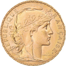 Moneta, Francja, Marianne, 20 Francs, 1909, Paris, Coq, MS(63), Złoto, KM:857