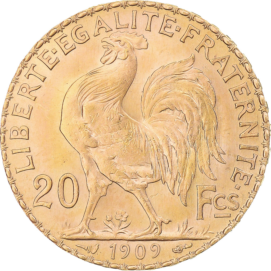 Moneta, Francja, Marianne, 20 Francs, 1909, Paris, Coq, MS(63), Złoto, KM:857