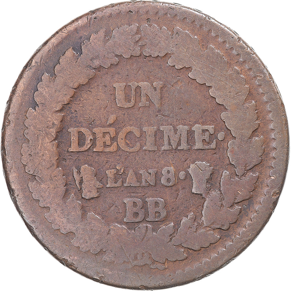 Coin, France, Dupré, Decime, AN 8, Strasbourg, F(12-15), Bronze, KM:644.4, Le