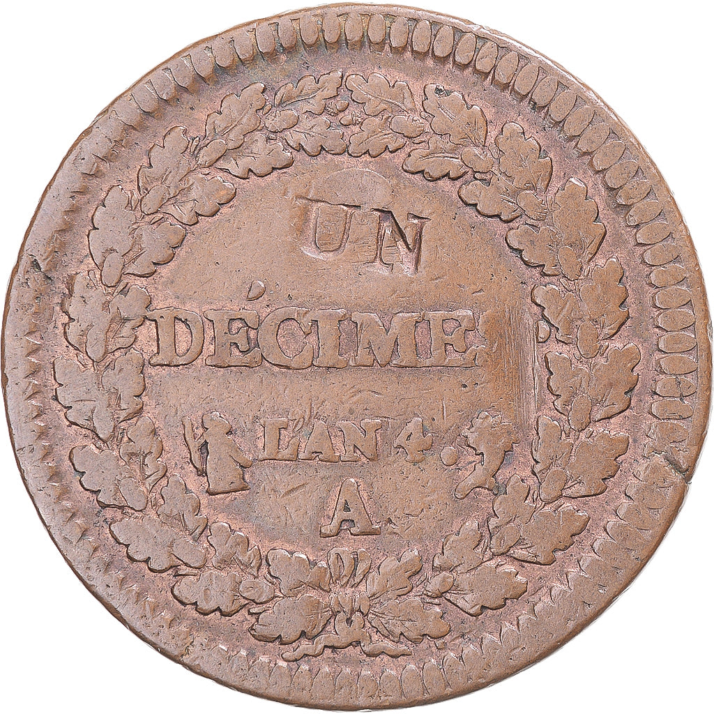 Münze, Frankreich, Dupré, Decime, AN 4, Paris, Modification du 2 décimes, S+