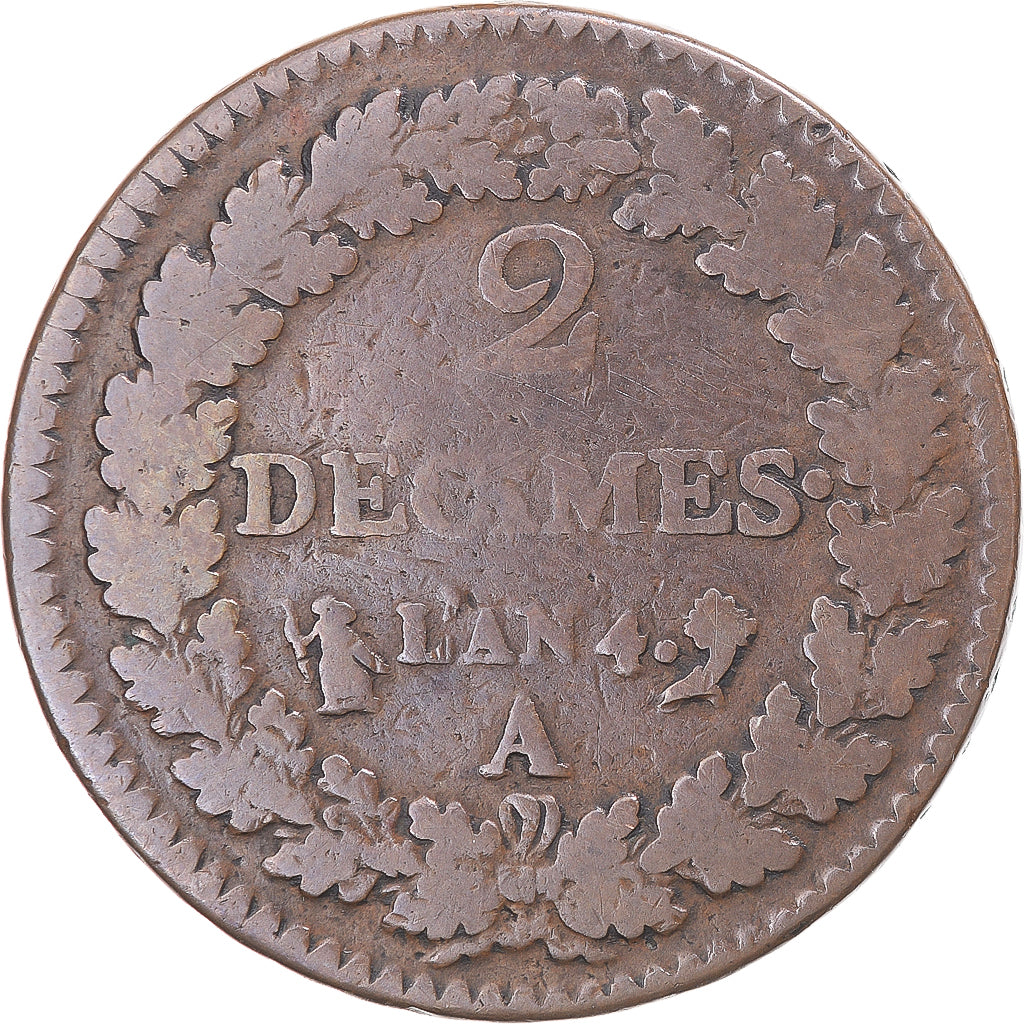 Munten, Frankrijk, Dupré, 2 Décimes, AN 4, Paris, FR, Bronzen, KM:638.1