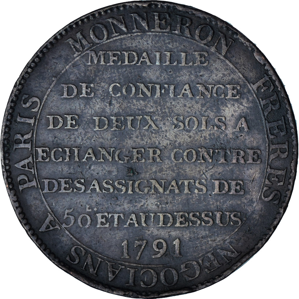 Moneda, Francia, Monneron de 2 Sols, 1791, MBC, Bronce, KM:Tn23, Brandon:217