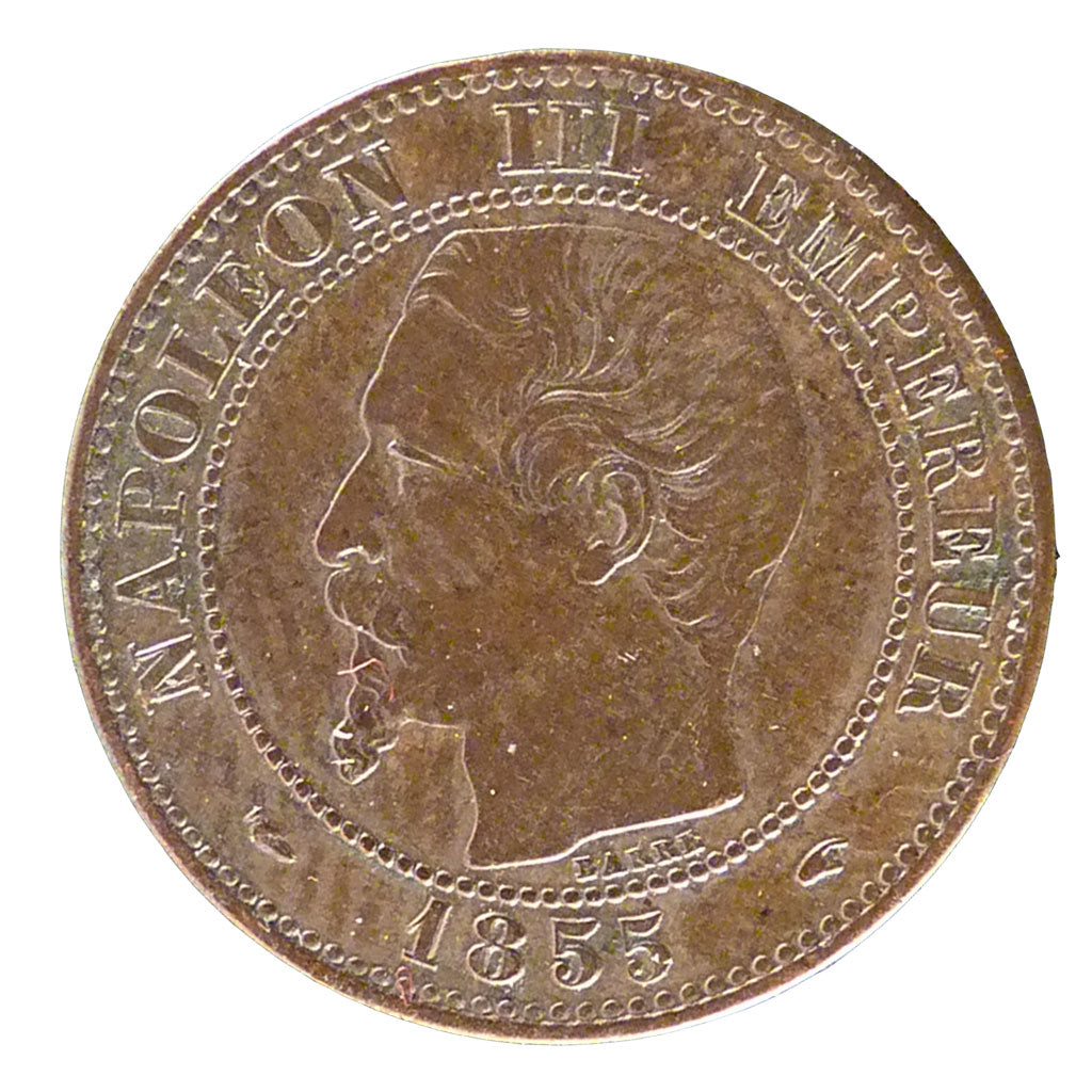FRANCE, 2 Centimes, 1855, Paris, AU(50-53), Bronze, Gadoury #103, 2.00