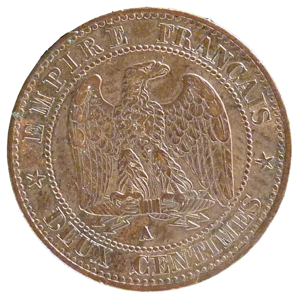 FRANCE, 2 Centimes, 1855, Paris, AU(50-53), Bronze, Gadoury #103, 2.00