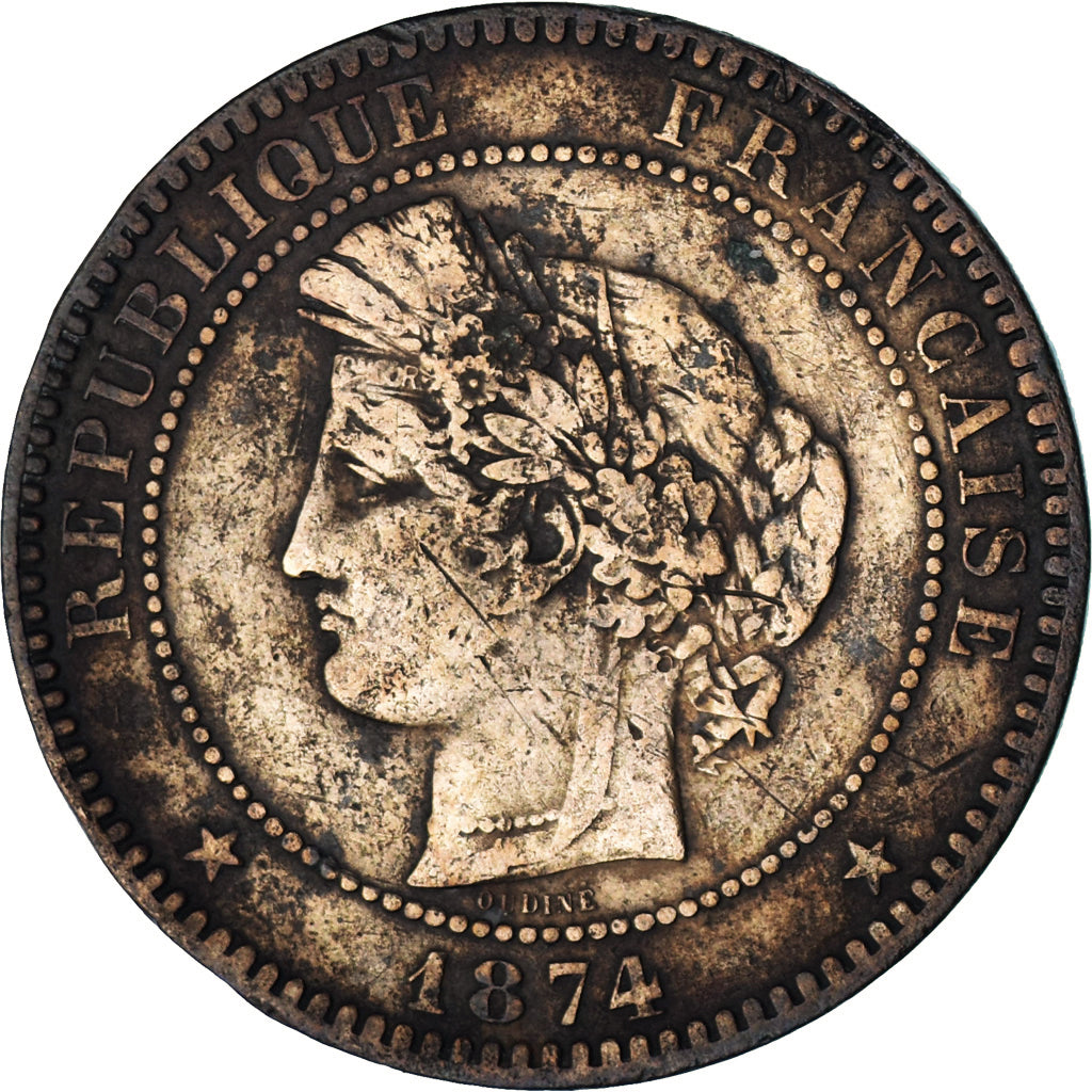 Monnaie, France, Cérès, 10 Centimes, 1874, Paris, TB+, Bronze, Gadoury:265a