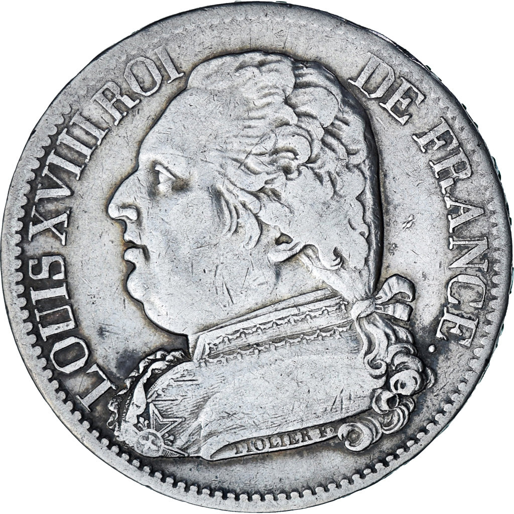 Moneda, Francia, Louis XVIII, Louis XVIII, 5 Francs, 1814, Rouen, BC+, Plata