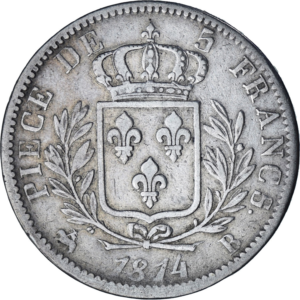Moneda, Francia, Louis XVIII, Louis XVIII, 5 Francs, 1814, Rouen, BC+, Plata