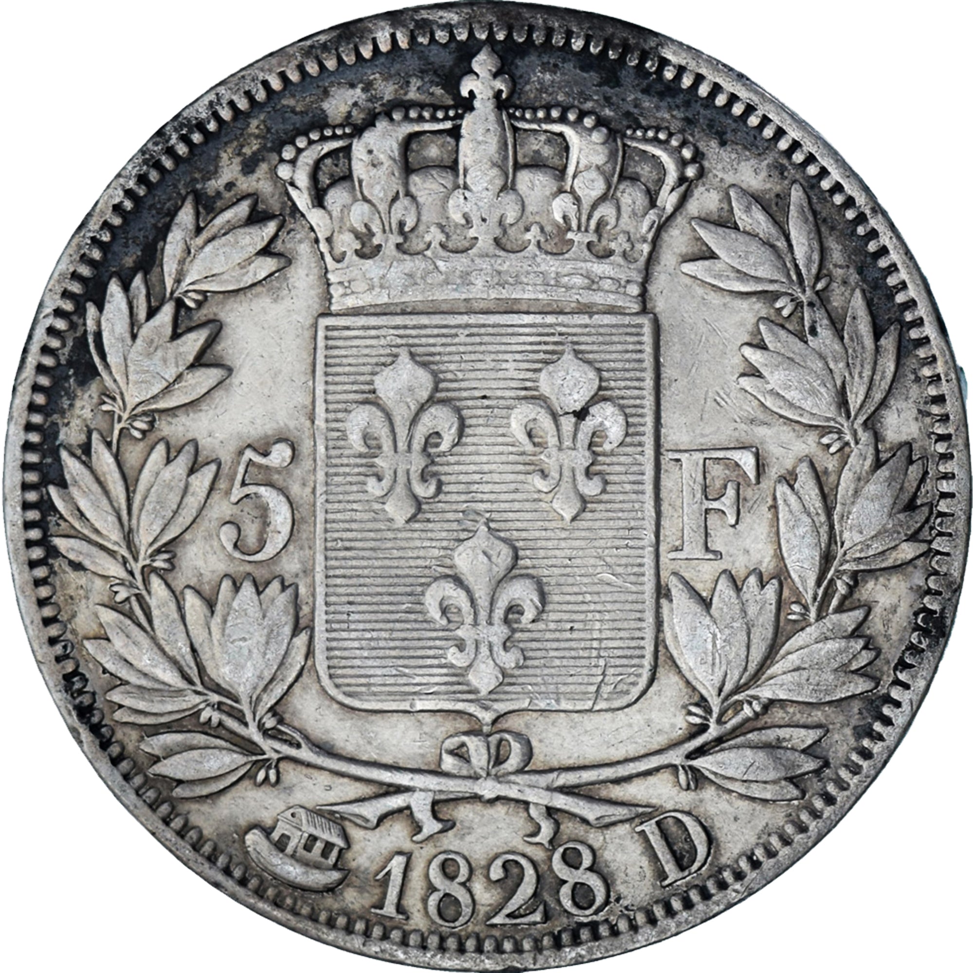Moneta, Francia, Charles X, 5 Francs, 1828, Lyon, BB, Argento, KM:728.4