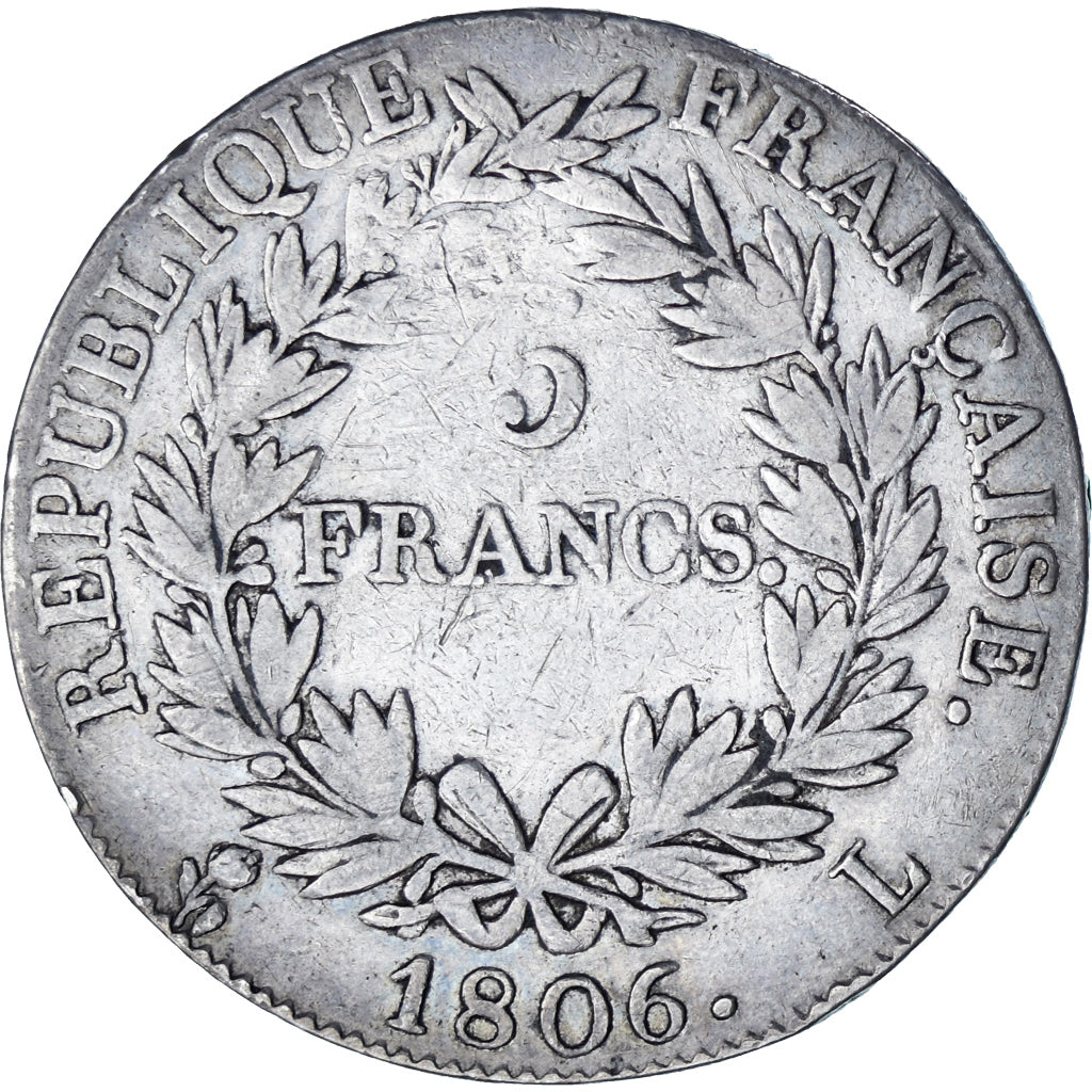 Moneta, Francia, Napoléon I, 5 Francs, 1806, Bayonne, MB+, Argento, KM:673.8