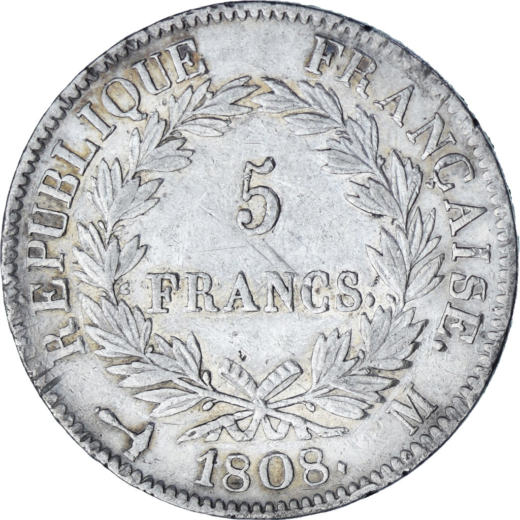 Moneta, Francia, Napoleon I, 5 Francs, 1808, Toulouse, BB+, Argento, KM:686.9