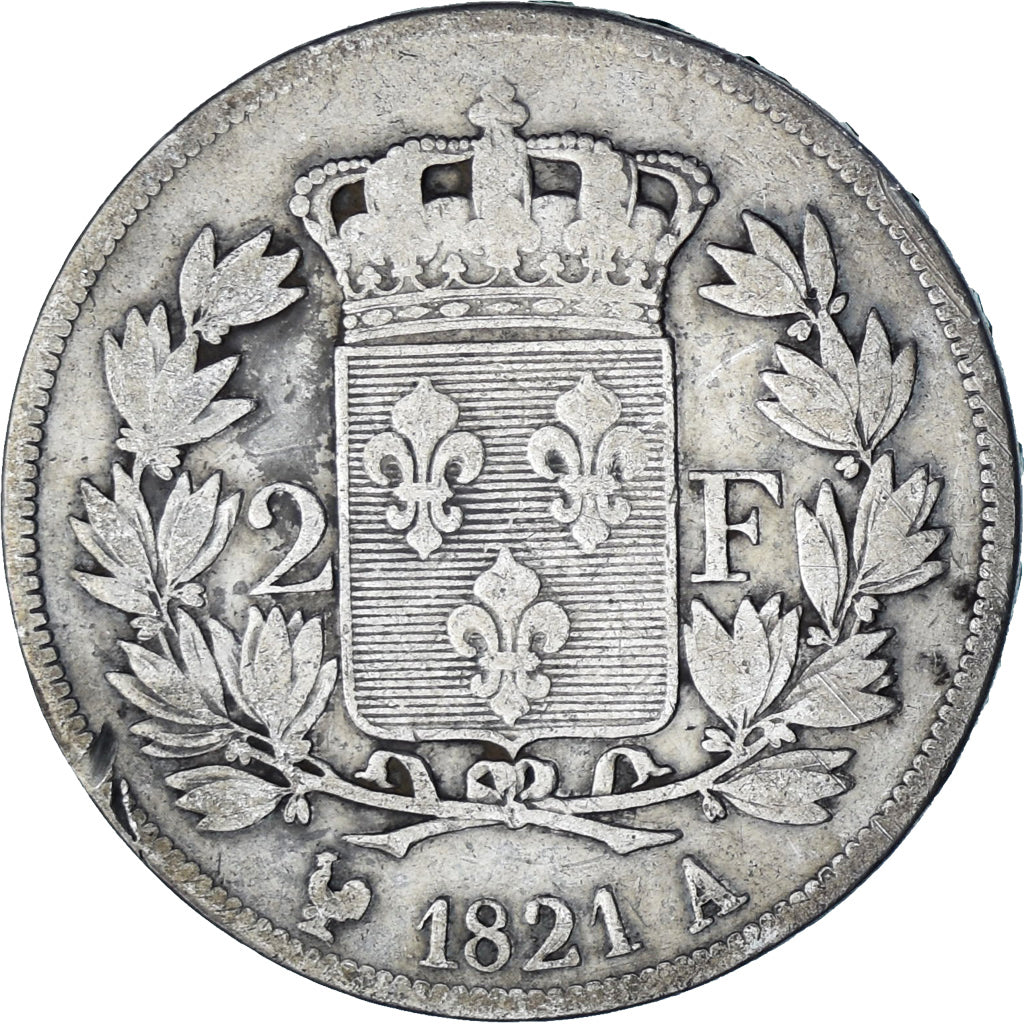 Moneda, Francia, Louis XVIII, Louis XVIII, 2 Francs, 1821, Paris, BC+, Plata