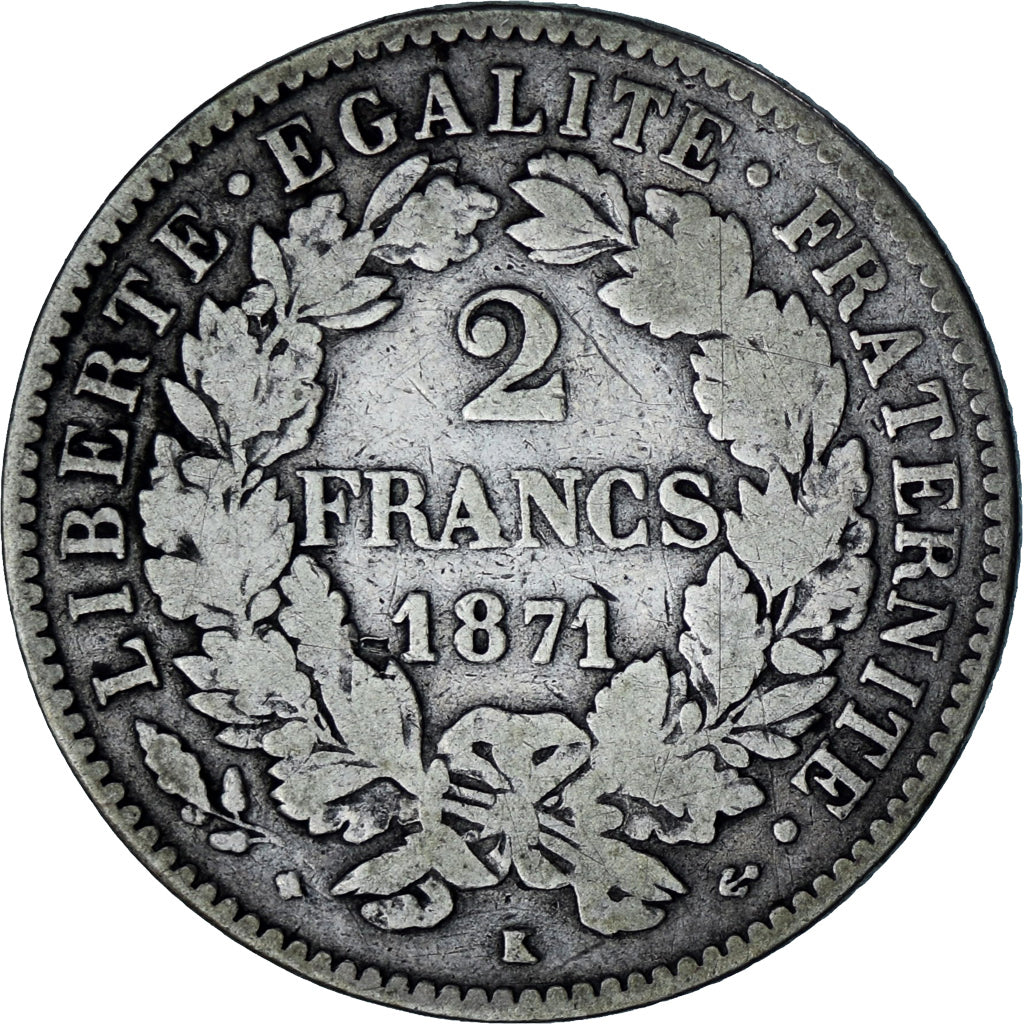 Coin, France, Cérès, 2 Francs, 1871, Bordeaux, VF(20-25), Silver, KM:817.2