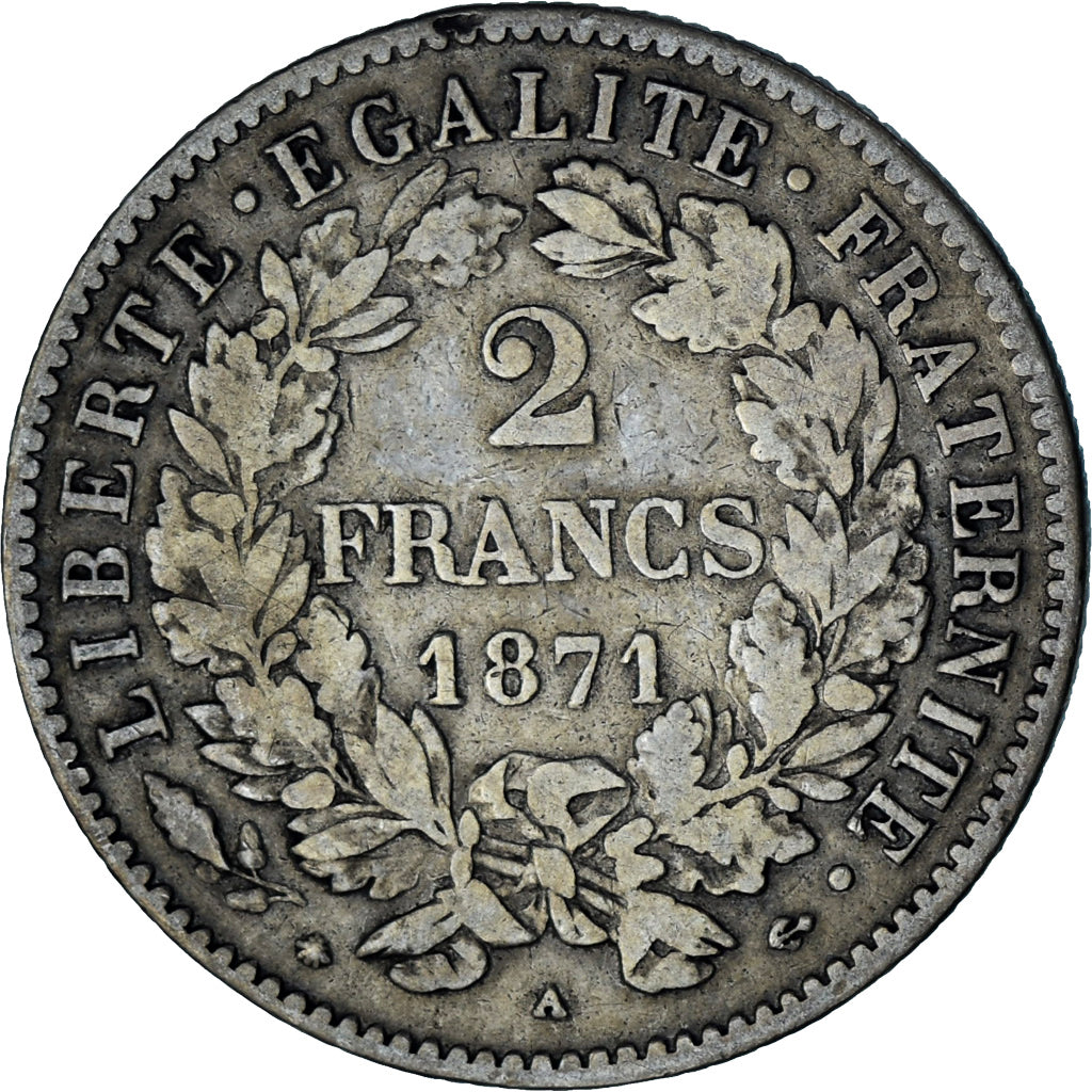 Coin, France, Cérès, 2 Francs, 1871, Paris, VF(30-35), Silver, KM:817.1, Le