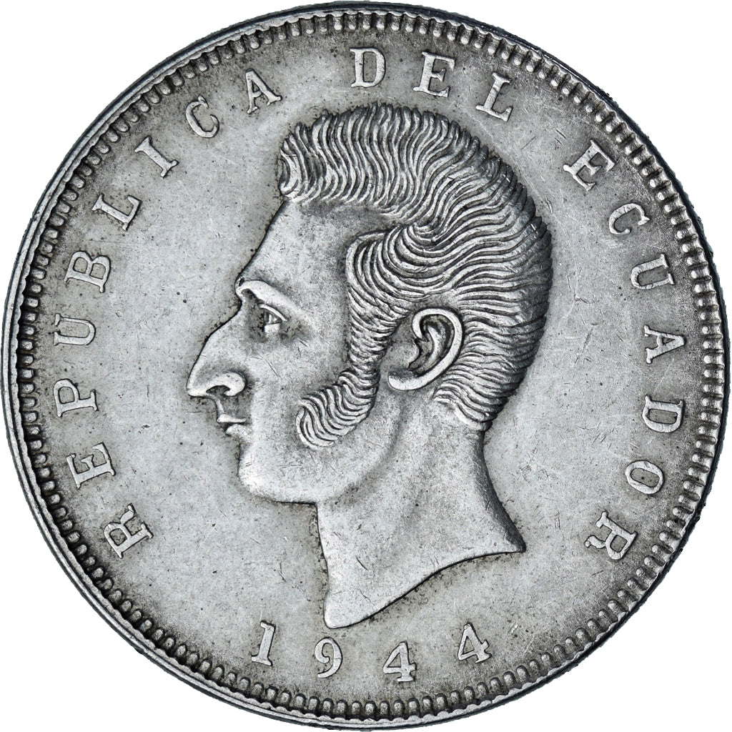 Moneta, Ecuador, 5 Sucres, Cinco, 1944, Mexico City, Mexico, BB+, Argento, KM:79