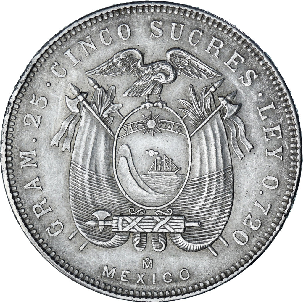 Moneta, Ecuador, 5 Sucres, Cinco, 1944, Mexico City, Mexico, BB+, Argento, KM:79