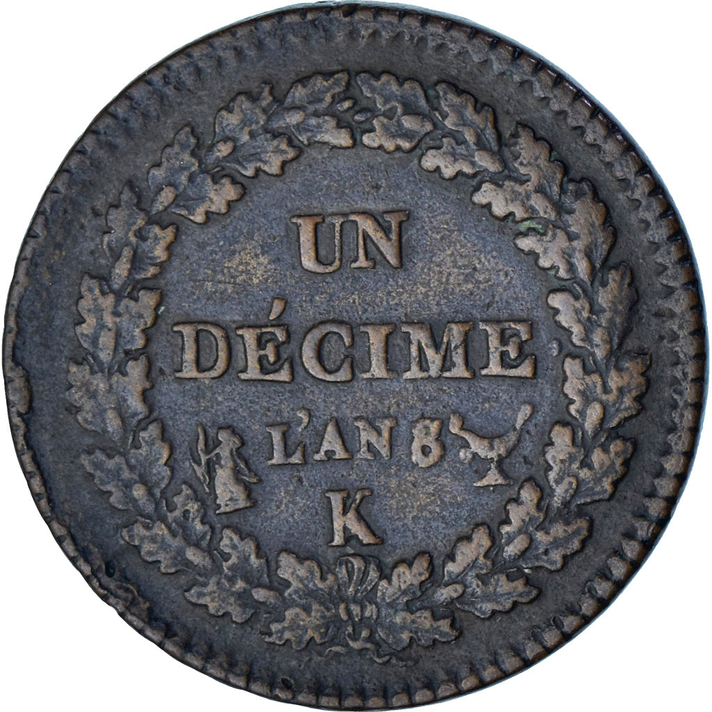 Münze, Frankreich, Dupré, Decime, AN 8/5, Bordeaux, S+, Kupfer, Le Franc:F.129