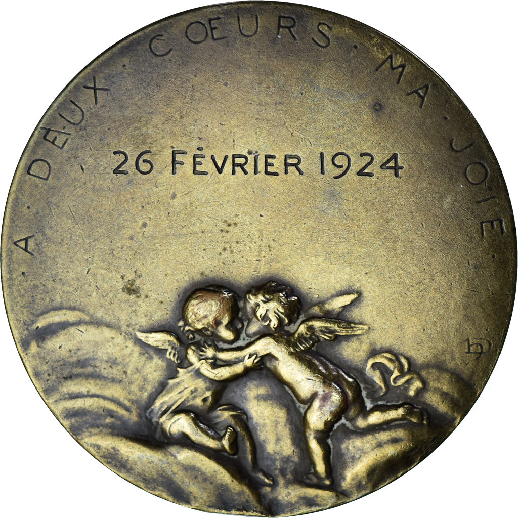 France, Medal, Mariage, A deux Coeurs, ma Joie, 1924, Dropsy, AU(50-53), Bronze
