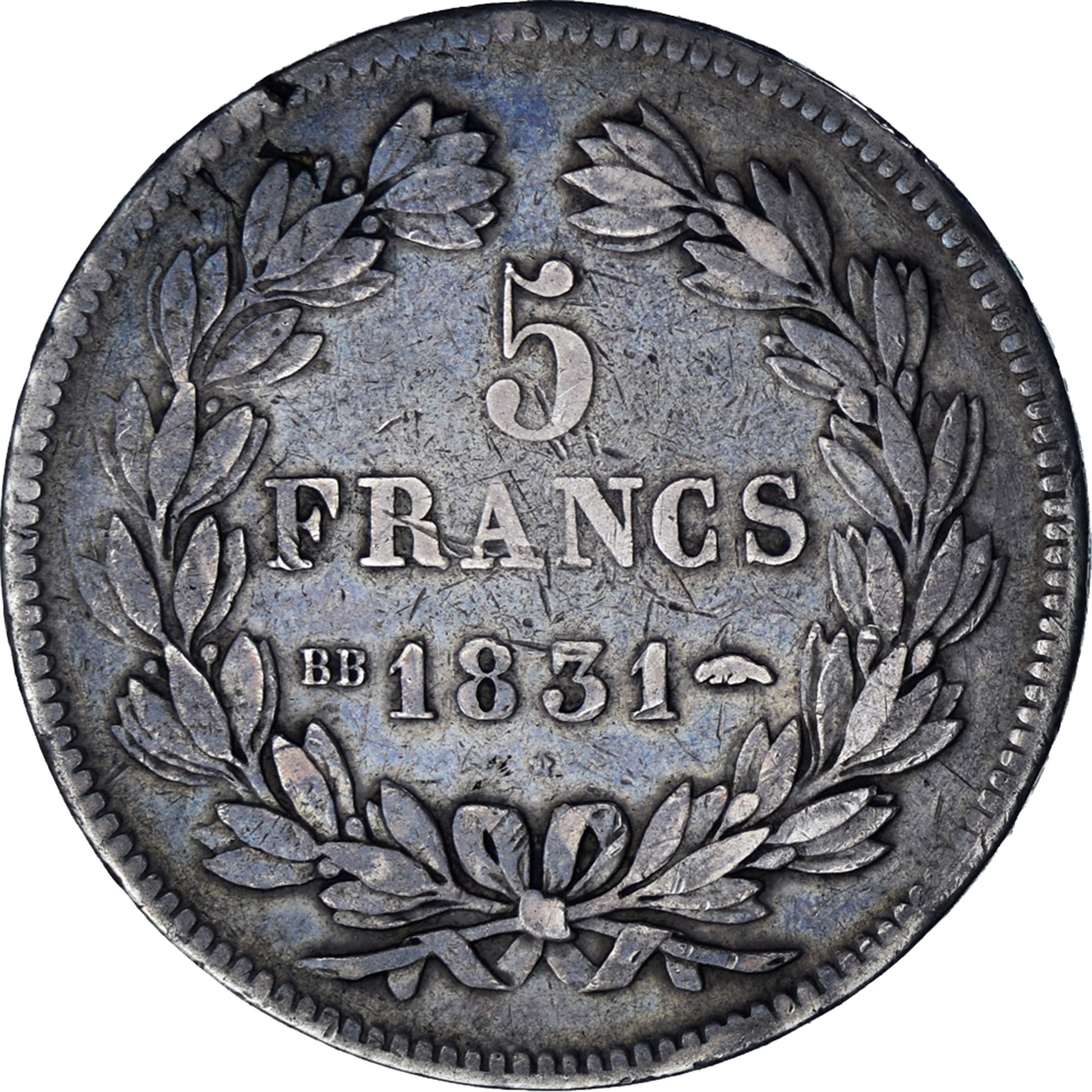 Moneta, Francia, Louis-Philippe, 5 Francs, 1831, Strasbourg, MB+, Argento
