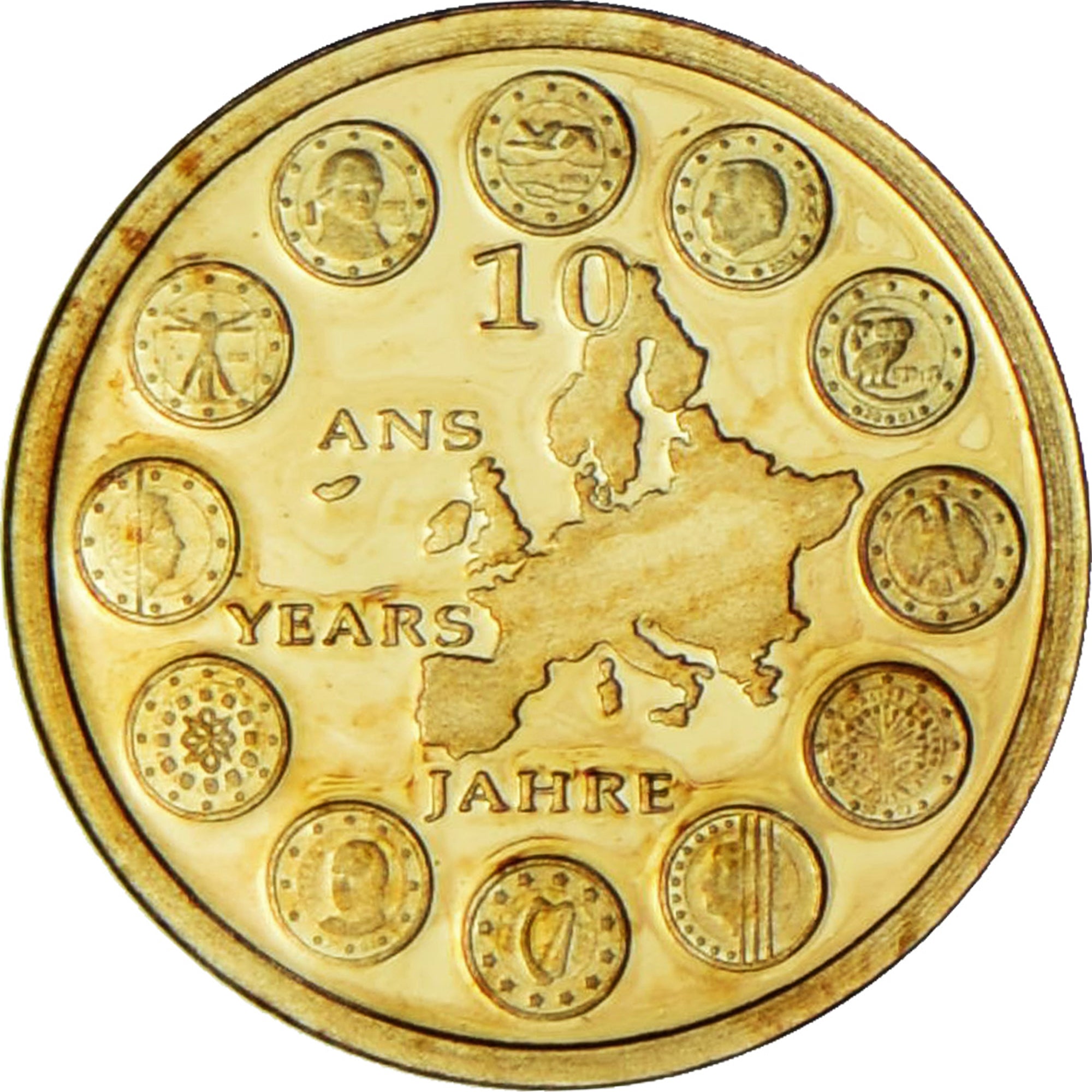 France, Medal, 10 ans de l'Euro, 2009, MS(65-70), Gold