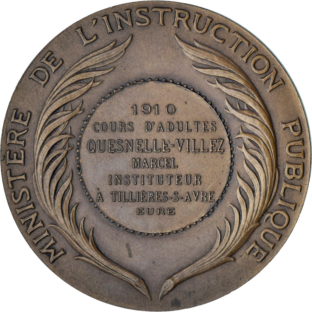 Francia, medalla, Instruction Publique, Cours d'Adultes, Eure, 1910, Dubois.A