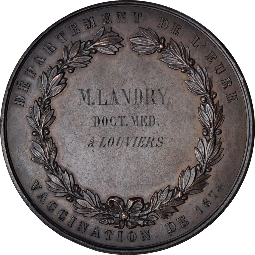 Francia, medalla, Vaccination de 1874, Département de l'Eure, Medicine, 1874
