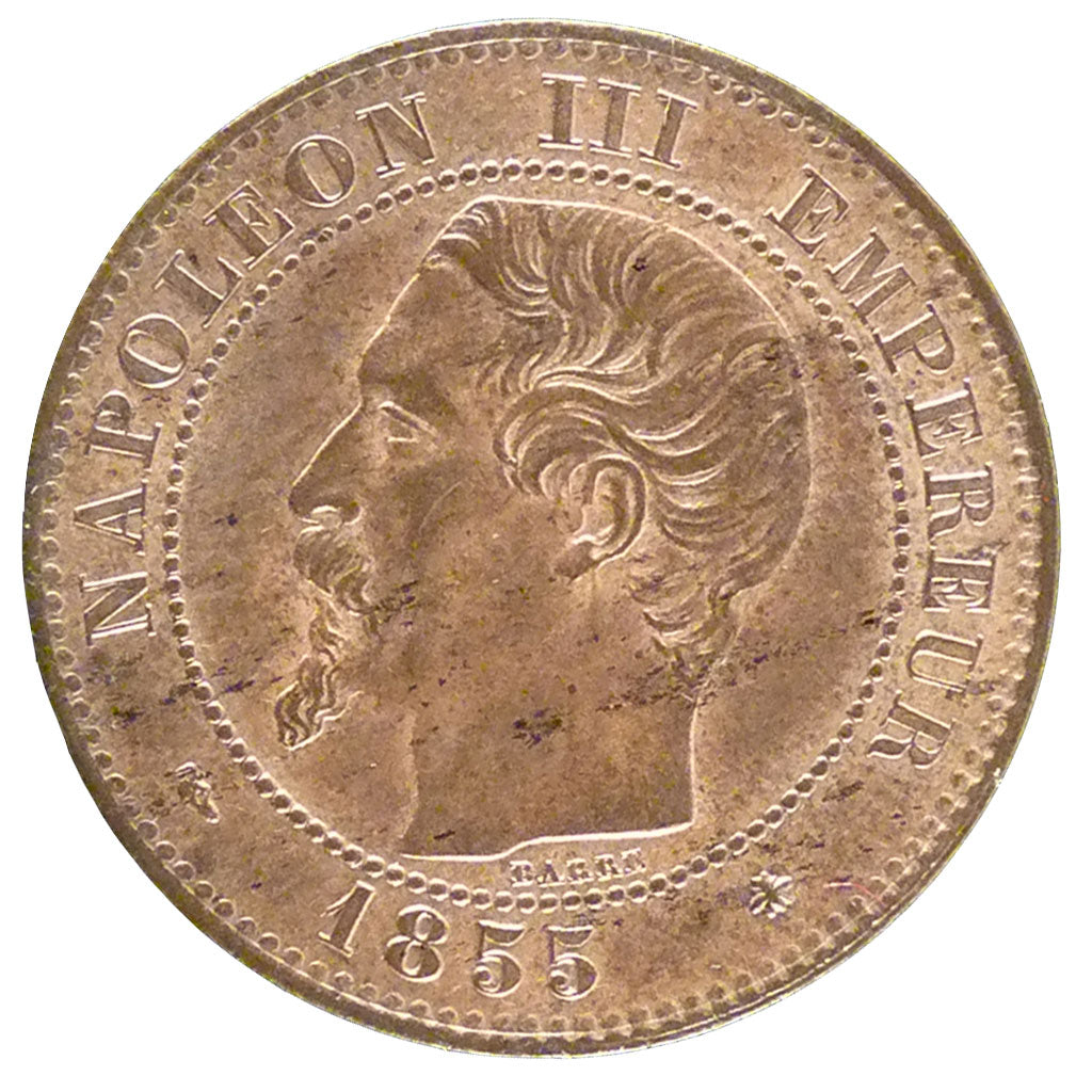 FRANCE, 2 Centimes, 1855, Strasbourg, AU(55-58), Bronze, Gadoury #103, 2.00