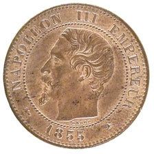 FRANCE, 2 Centimes, 1855, Strasbourg, AU(55-58), Bronze, Gadoury #103, 2.00