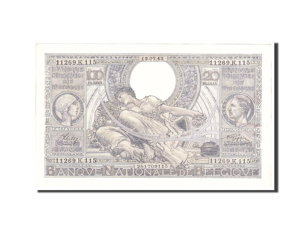 Belgium, 100 Francs-20 Belgas, 1943, KM:107, 1943-07-13, AU(50-53)