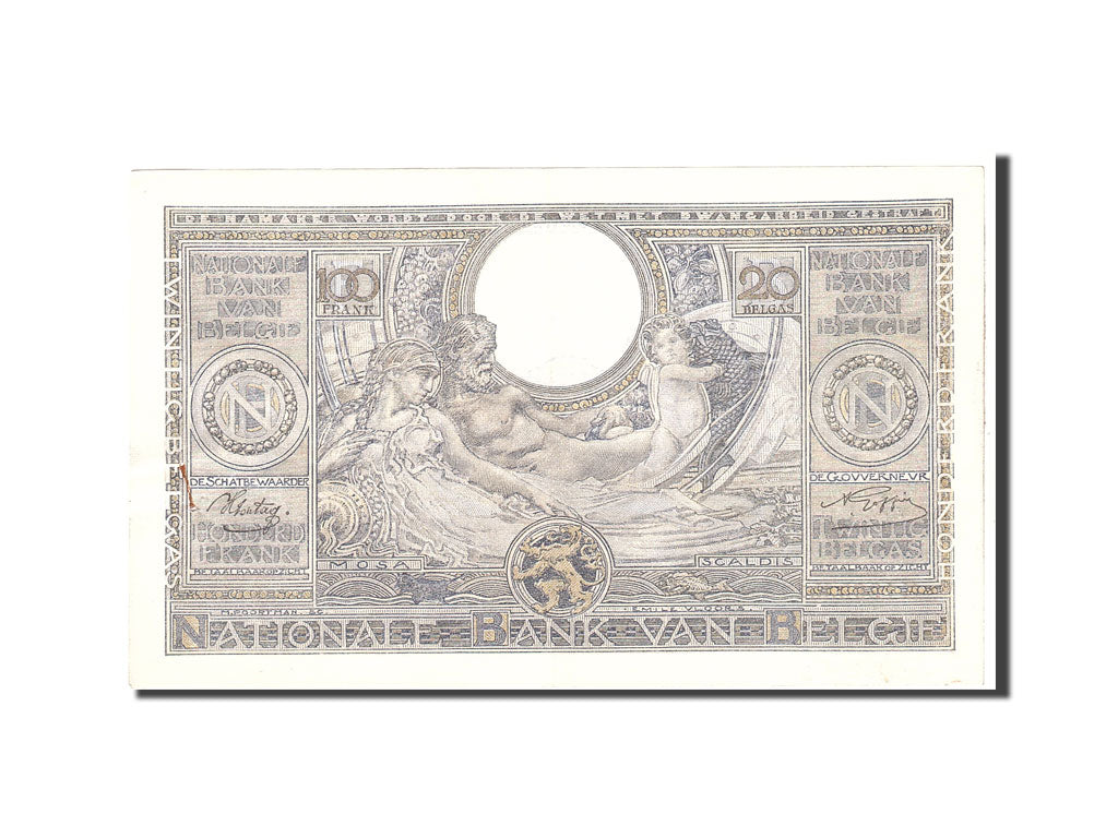 Belgium, 100 Francs-20 Belgas, 1943, KM:107, 1943-07-13, AU(50-53)