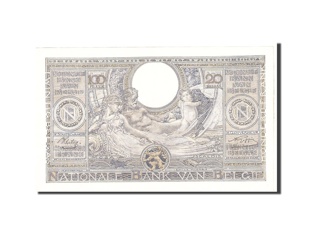 Belgium, 100 Francs-20 Belgas, 1943, KM:107, 1943-07-13, AU(55-58)