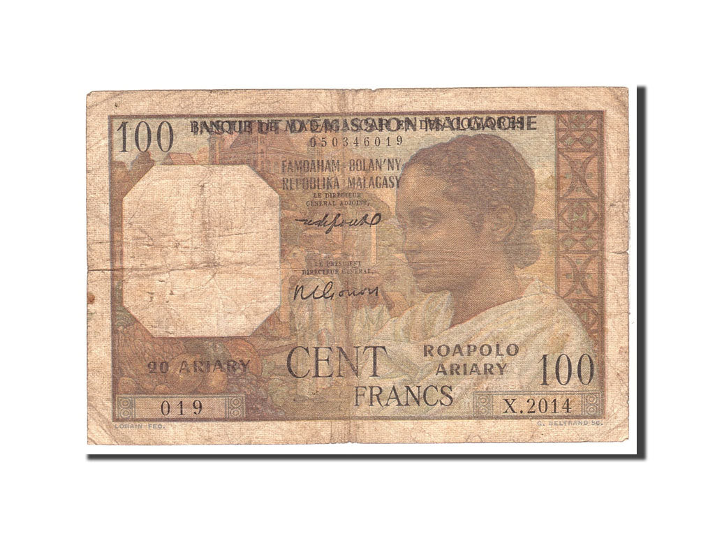 Madagascar, 100 Francs =  20 Ariary, 1966, Undated, KM:57a, VG(8-10)