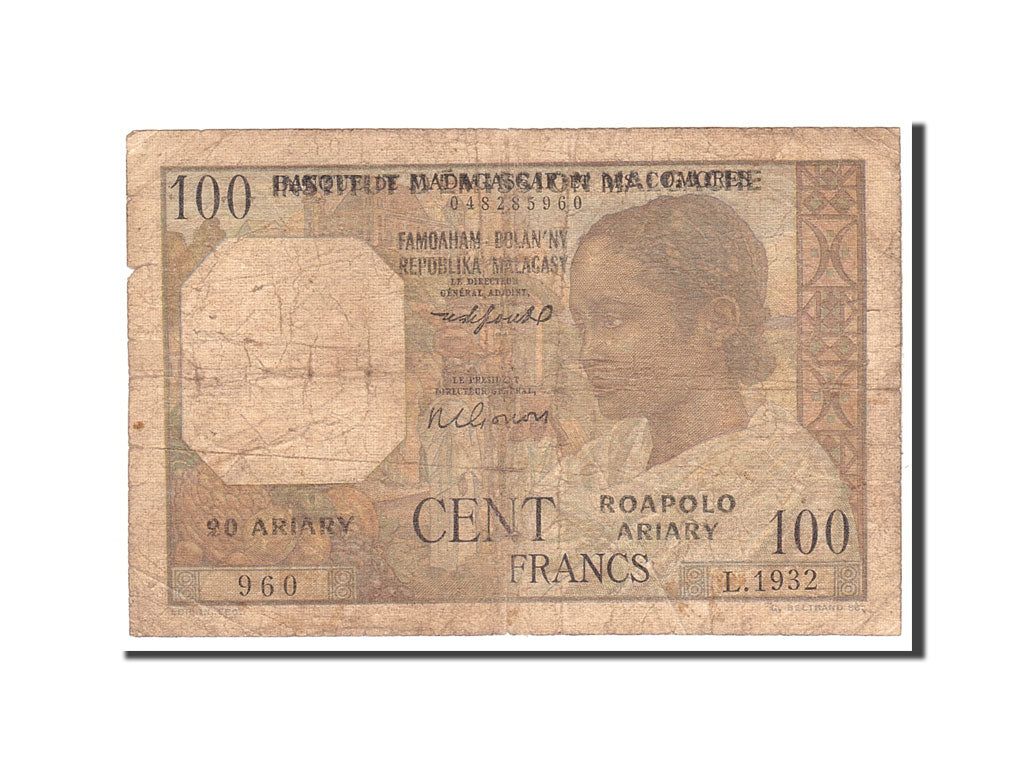 Madagascar, 100 Francs =  20 Ariary, 1966, Undated, KM:57a, VG(8-10)