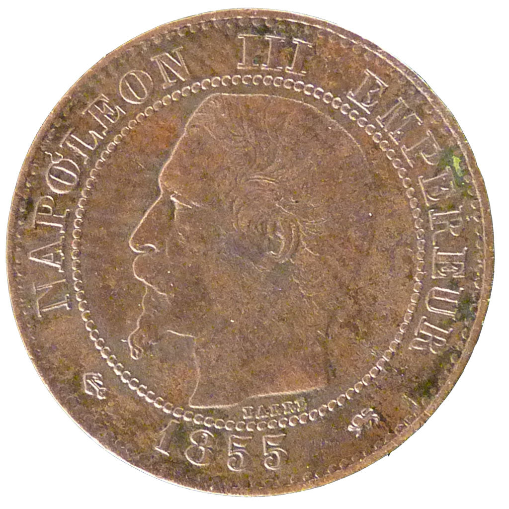 FRANCE, 2 Centimes, 1855, Lyons, EF(40-45), Bronze, Gadoury #103, 1.80