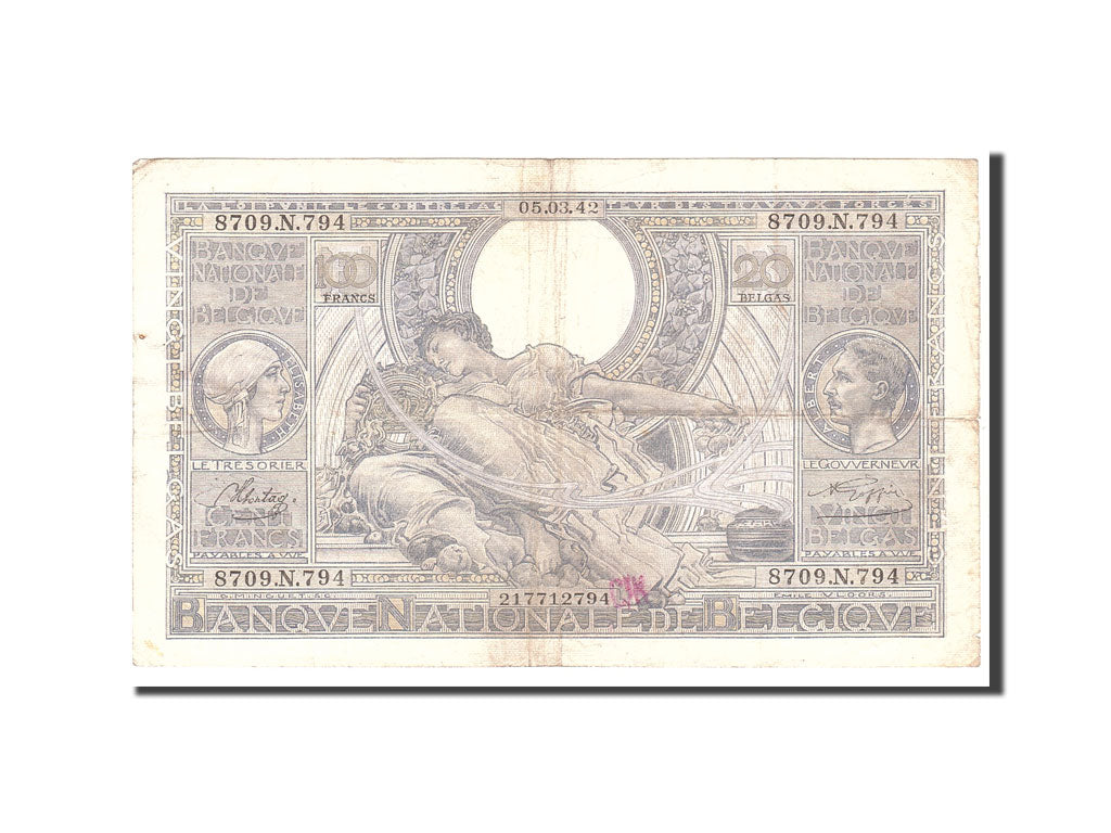 Banknote, Belgium, 100 Francs-20 Belgas, 1942, 1942-12-31, KM:107, VF(30-35)