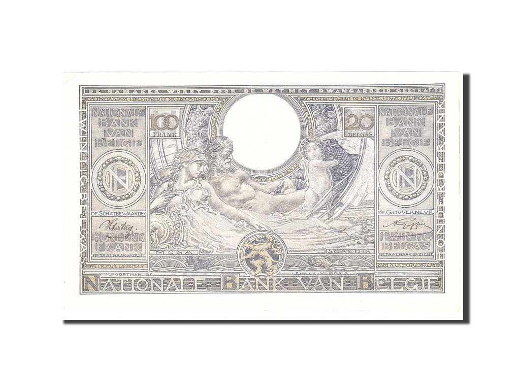 Belgium, 100 Francs-20 Belgas, 1943, KM:107, 1943-07-14, AU(55-58)