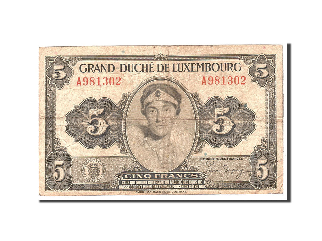Luxembourg, 5 Francs, 1944, KM:43b, Undated, VF(20-25)