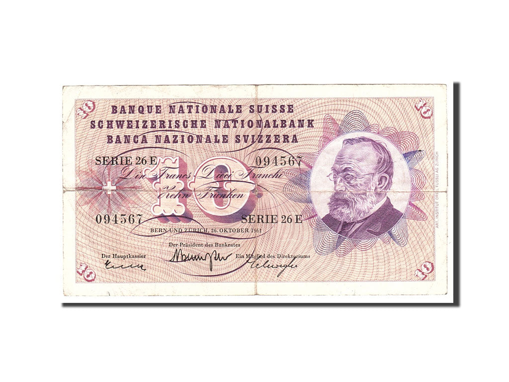 Banconote, Svizzera, 10 Franken, 1961, KM:45g, 1961-10-26, MB