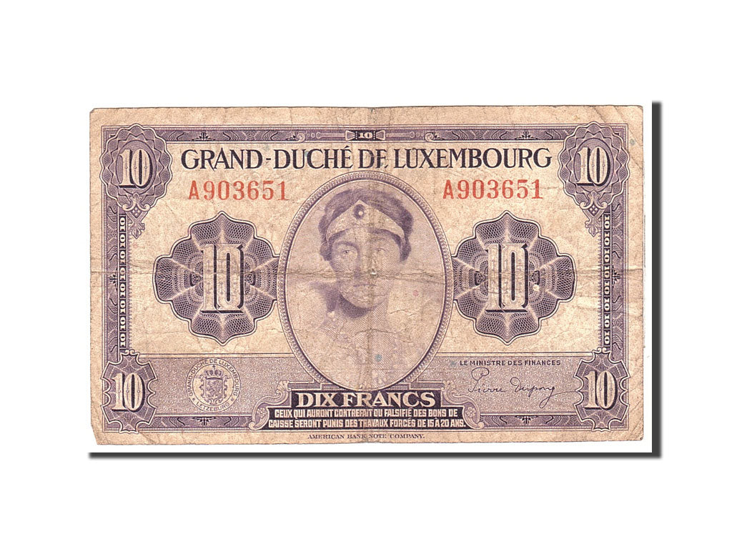 Luxembourg, 10 Francs, 1944, KM:44a, Undated, VG(8-10)
