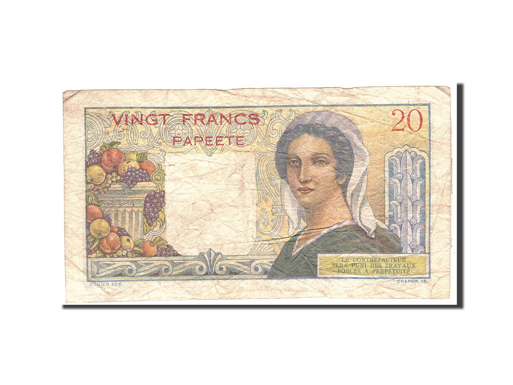 Tahiti, 20 Francs, 1951, KM:21c, Undated, VF(20-25)