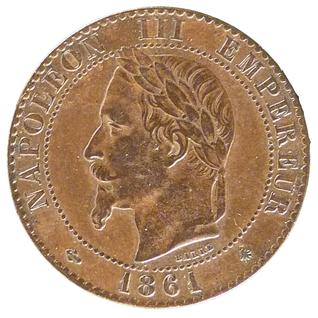 FRANCE, 2 Centimes, 1861, Paris, AU(50-53), Bronze, Gadoury #104, 2.00