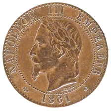 FRANCE, 2 Centimes, 1861, Paris, AU(50-53), Bronze, Gadoury #104, 2.00